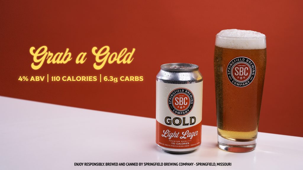 Gold Light Lager can and pint glass hero product shot created for a tabletop advertising campaign case study.